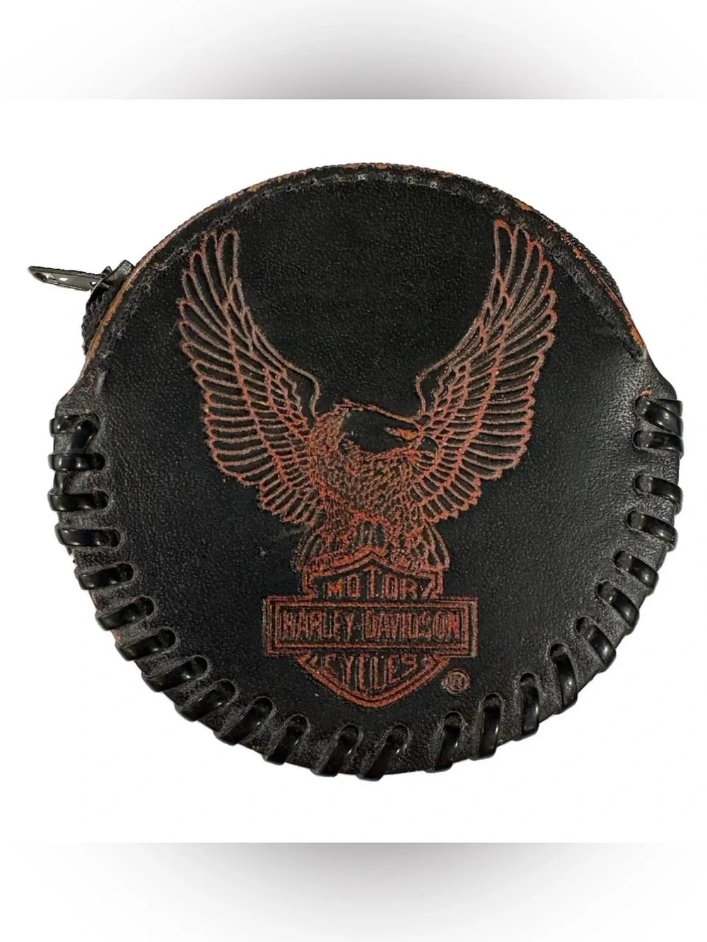Vintage Harley-Davidson Genuine Black Leather Round Coin Pouch with Eagle Logo